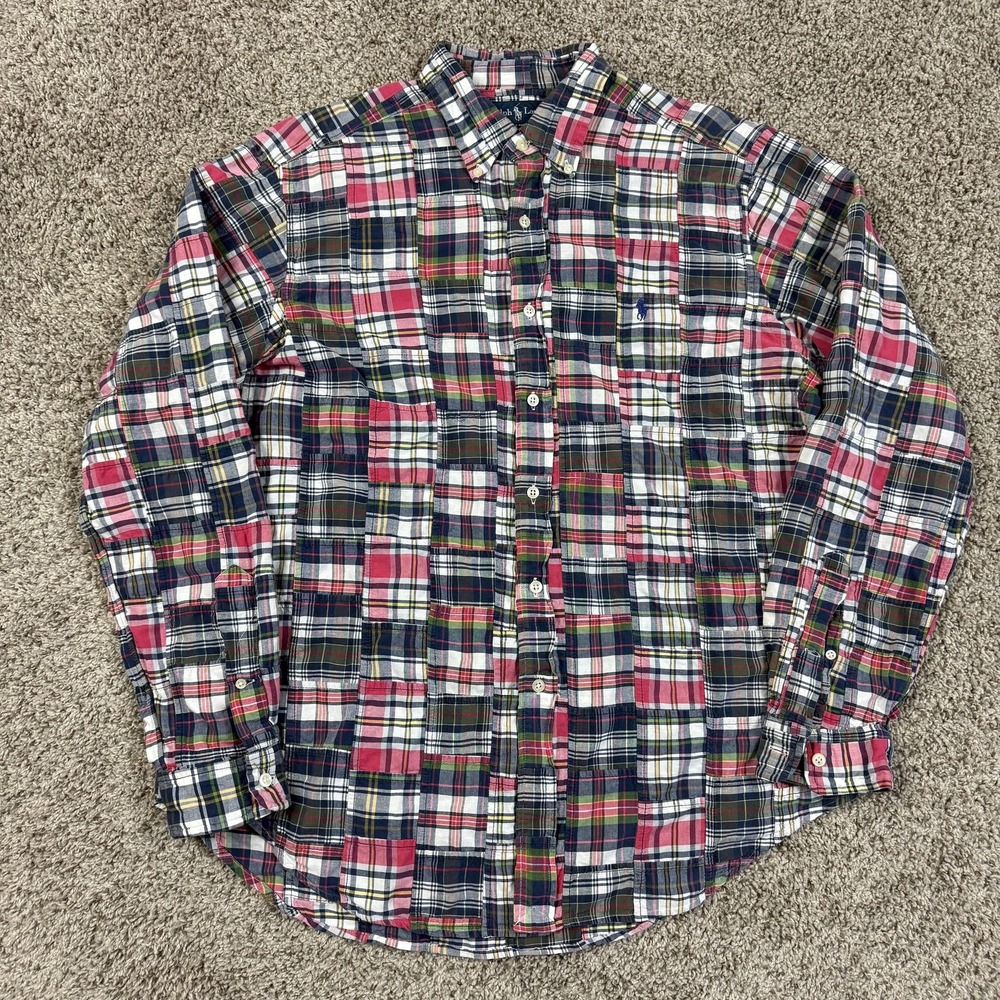 Vintage Polo Ralph Lauren Shirt Mens Large Patchwork Madras Plaid Button Up
